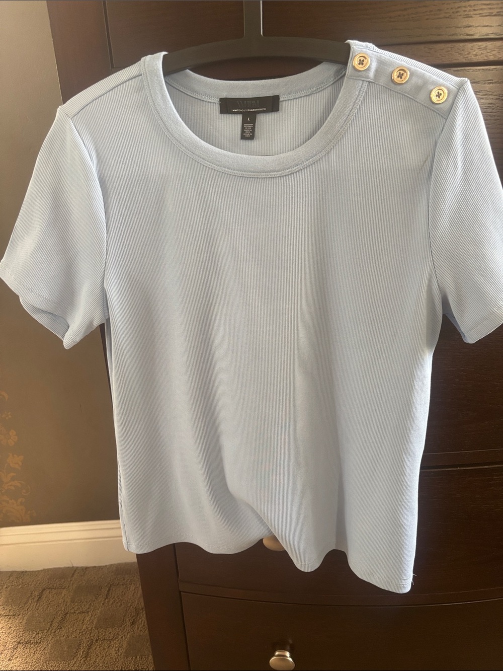 White House Black Market Blue Ribbed Short Sleeve with Gold Shoulder Buttons